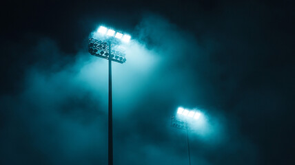 Bright Stadium Lights Piercing Through Misty Night Atmosphere. Glistening stadium floodlights shine through an ethereal mist during a dark, atmospheric night.