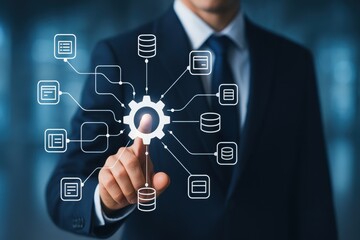 Businessman Engaging with Data Management Technology Through Interactive Interface Displaying Connections and Database Elements in Modern Environment