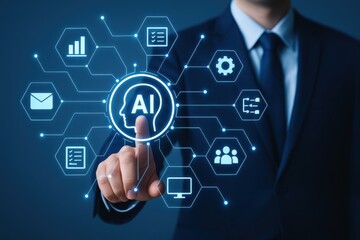 Businessman Interacting with Innovative Artificial Intelligence Technology and Data Analysis Icons in Modern Digital Concept