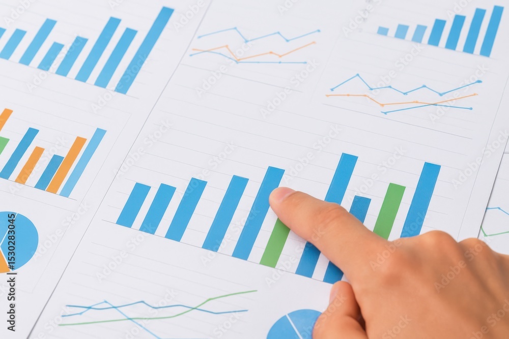 Poster detailed analysis of financial data shown in graphs and charts with a hand pointing at a blue bar re