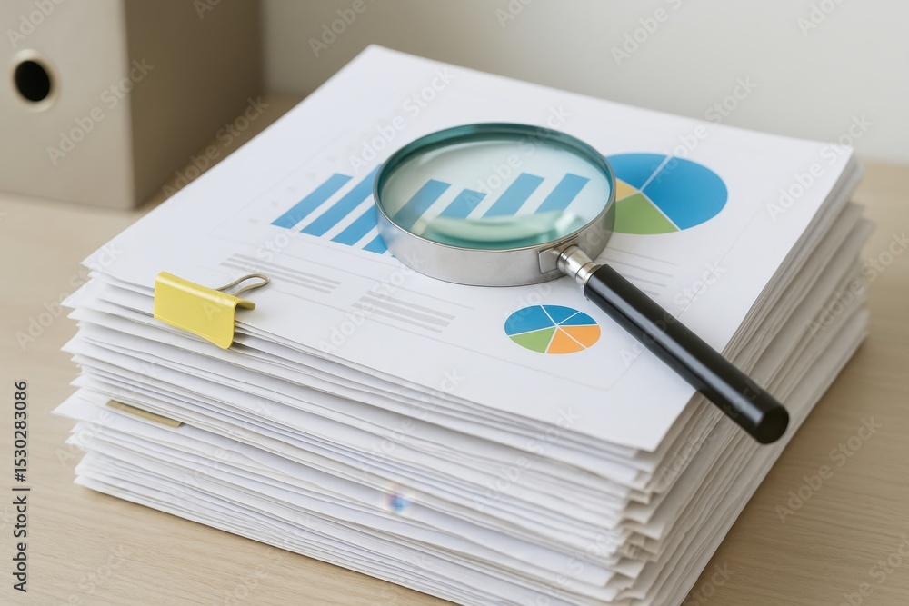 Poster detailed analysis of business reports with charts and graphs under a magnifying glass on a wooden de