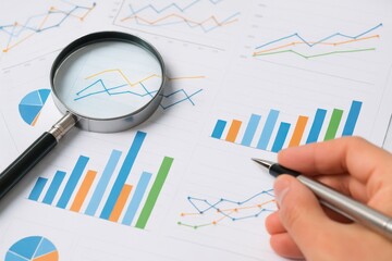 Detailed Analysis of Business Data with Graphs, Charts, and Magnifying Glass on Documents for Financial Insight and Interpretation