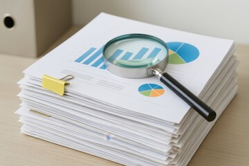 Detailed Analysis of Business Reports with Charts and Graphs Under a Magnifying Glass on a Wooden Desk for Data Insights and Financial Review