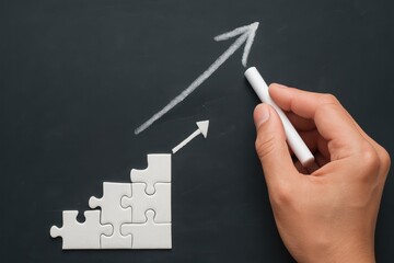 Creative representation of business growth concept with puzzle pieces and arrow on chalkboard background to symbolize progress and strategy planning