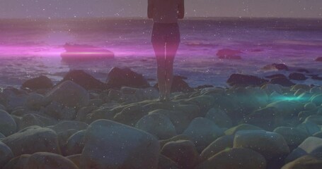 Lens flare sweeping, revealing woman springing into star jump and shifting posture for lifestyle - Powered by Adobe