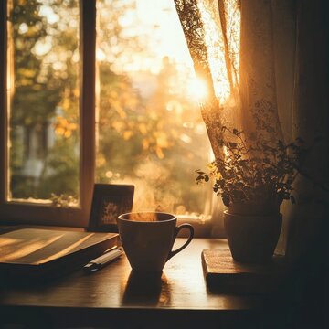 Warm morning light streams through a window, illuminating a simple wooden desk with a cup of coffee, books, and plants