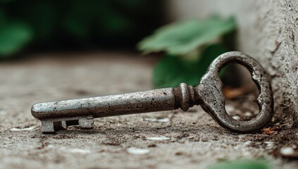 Rusty key on weathered ground. Blurred greenery