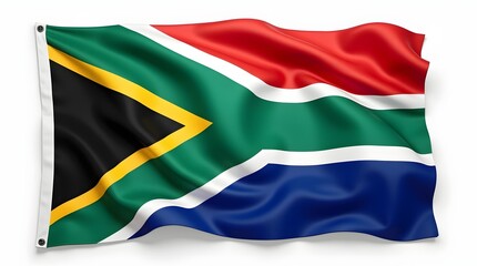 Obraz premium Photorealistic flag of South Africa with Y-shaped design, black triangle, red, blue, green, yellow and white colors. Realistic textile texture, isolated on white background.