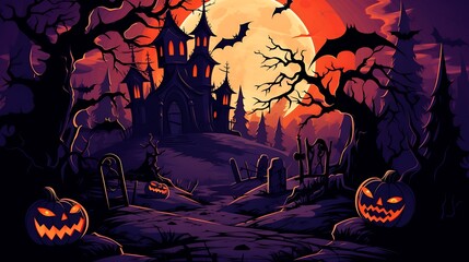 Halloween haunted house background spooky scene october night scary pumpkins bats full moon digital art vector 4k