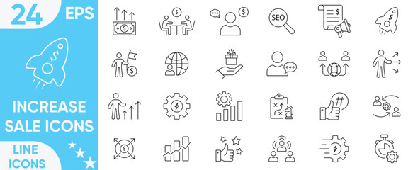 Increase sale icon set. Business successful,monitor, seo, increasing, report, setting, real estate, Growth profit, strategy, sales, marketing, profit and more.Vector and illustrator set.