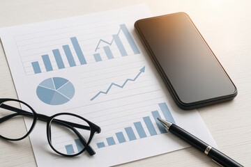 Business Analysis with Graphs and Charts Featuring a Smartphone, Glasses, and Pen on a Desk Surface