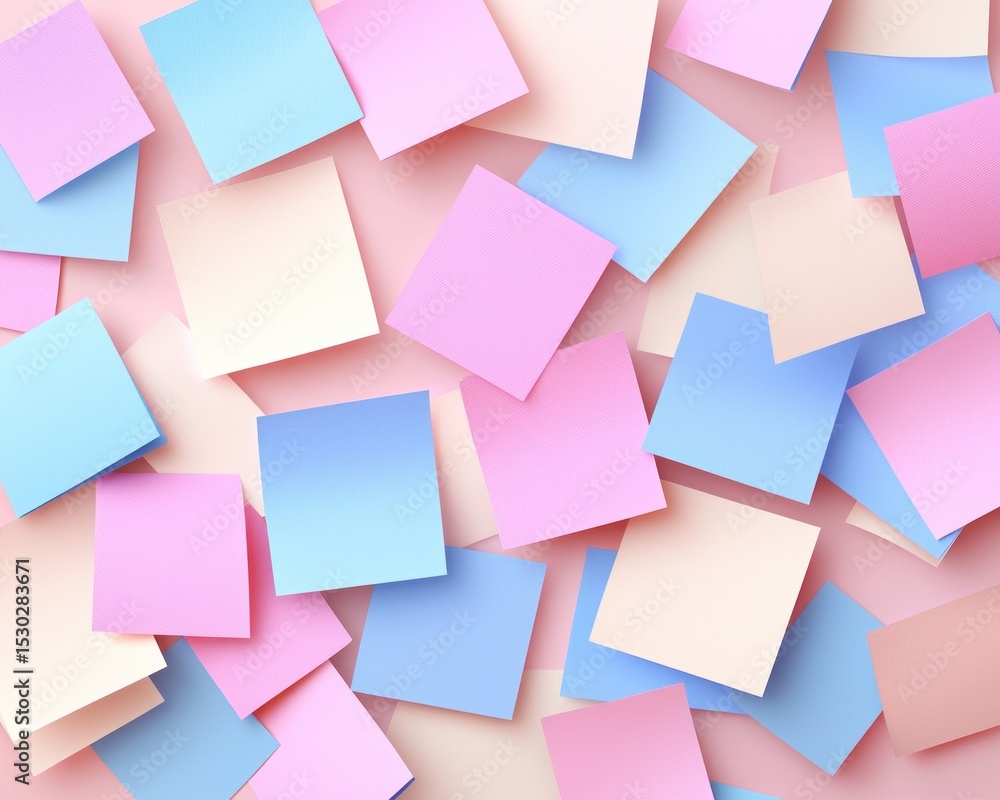 Poster a pastel-colored collection of blank square sticky notes scattered on a pink background, creating a 