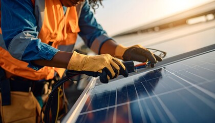 Technician with Gloved Hands Connecting Wires on Solar Monitoring System