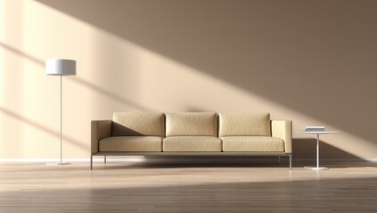 Beige living room with couch and lamp. Sunlight streams in