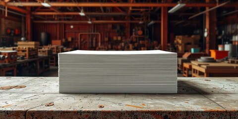 Obraz premium A sizable collection of bright white sheets sits prominently on a sturdy, aged workshop bench, ready for daily operations.