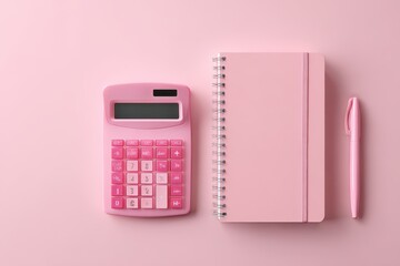 Pink calculator, notebook, and pen on pink background