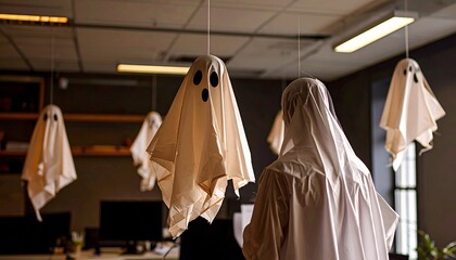Faceless Person Surrounded by Hanging Ghosts in an Office Setting