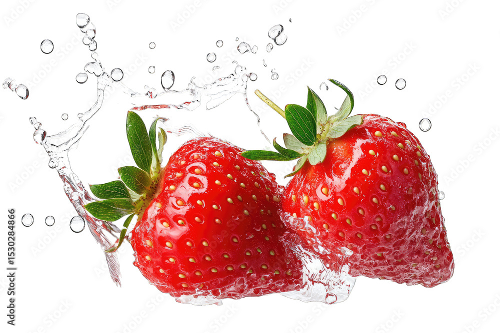 Poster two ripe strawberries splash into a clear pool of water creating a vibrant and refreshing scene the 