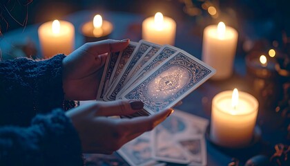 Mysterious Hands Holding Tarot Cards Under Candlelight Glow