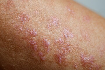 Fototapeta premium A close-up macro shot of Psoriasis, an autoimmune skin disease, showing red, itchy, scaly plaques. A concept for dermatology, eczema, and skin treatment.