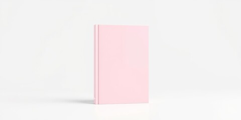 Fototapeta premium Unmarked light pink hardcover book or slender elegant notebook standing vertically on a simple clean white background, providing a pristine minimalist canvas.