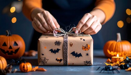Hands Wrapping Halloween Gift with Themed Paper and Decorated Pumpkins