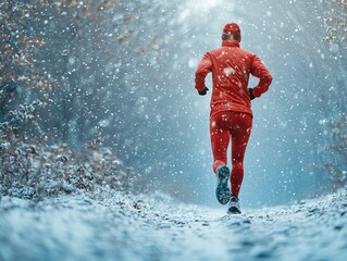 A rear view of a runner in red athletic gear jogging on a snowy trail through a wooded area during a snowfall