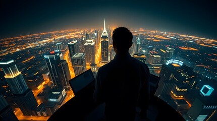 Obraz na płótnie Canvas Man overlooking city skyline at night, cityscape lights, urban landscape, business success