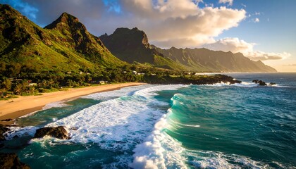 Lush Hawaiian coastline with waves crashing on beach, mountains at sunset, and idyllic landscape.