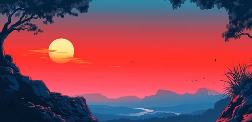 Fototapete At sunset, mountains, trees, the setting sun, sky and river form a tranquil natural landscape © Xiaohe