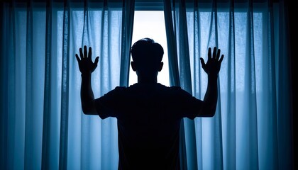 Spooky Faceless Silhouette Standing Behind Curtain with Hands Pressed