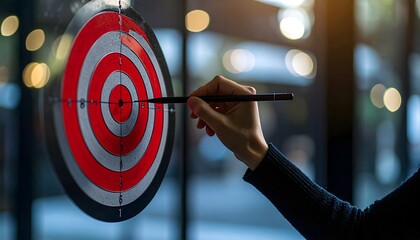 Hands Drawing Bullseye on Glass Wall with Clean Copyspace Above