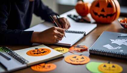 Child Placing Halloween Stickers on School Notebook at Table