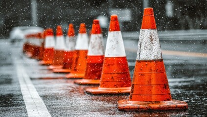 Orange traffic cones in a line on a wet road