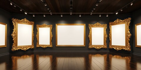 An elegant gallery interior featuring luxurious gold frames and dark walls presenting a sophisticated artistic space