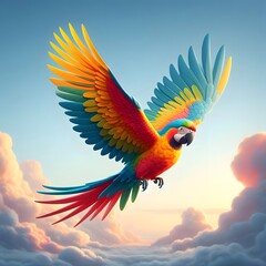 Fototapeta premium A colorful flying parrot isolated on sky background 