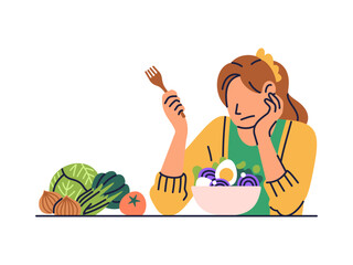 A young woman holding a fork looks bored eating her salad and vegetables. Female struggle on diet. Flat vector illustration isolated on white background