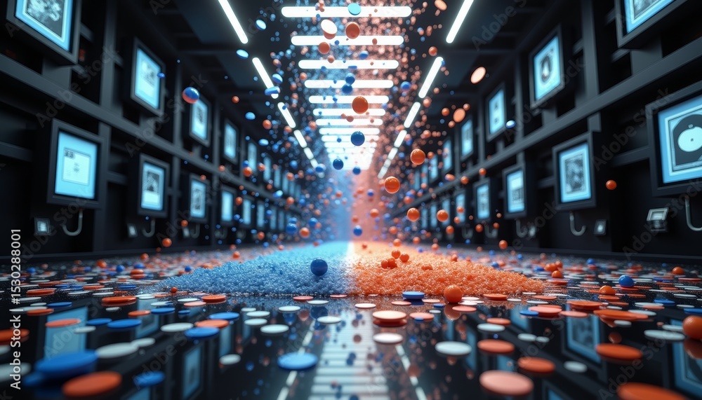 Poster abstract scene of colorful confetti falling in a digital environment