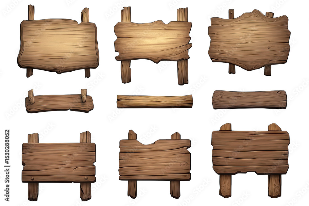 Poster a set of nine cartoon wooden signs isolated on a transparent background the signs are of different s