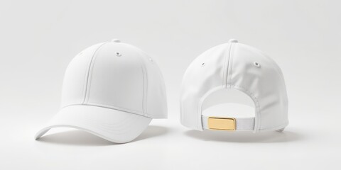 Fototapeta premium Two clean blank baseball caps shown from different perspectives, ready for customization on a bright white seamless background