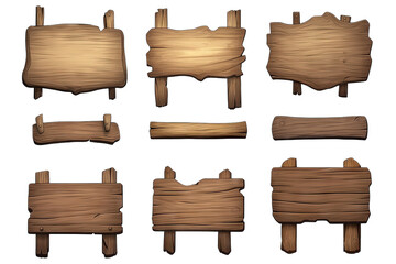 A Set Of Nine Cartoon Wooden Signs Isolated On A Transparent Background The Signs Are Of Different Shapes And Sizes And Some Have Knots And Cracks They Are Perfect For Adding A Rustic Touch To Your De