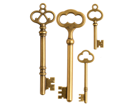 Old-Fashioned Brass Key Set, Isolated on Transparent Background