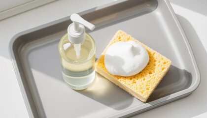 Yellow liquid soap bottle and sponge with foam on a gray tray, clean and minimal setup with eco-friendly theme.