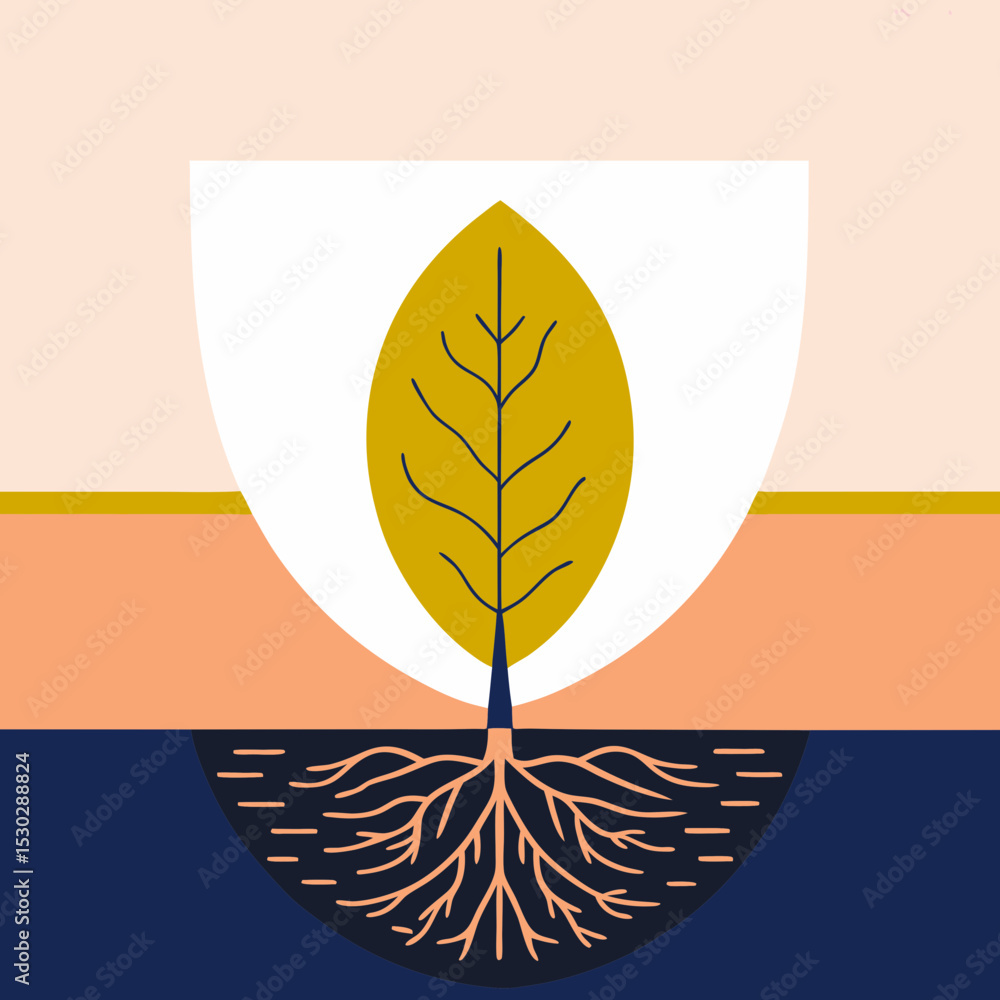 Poster illustration of a tree with roots and a leaf in the ground