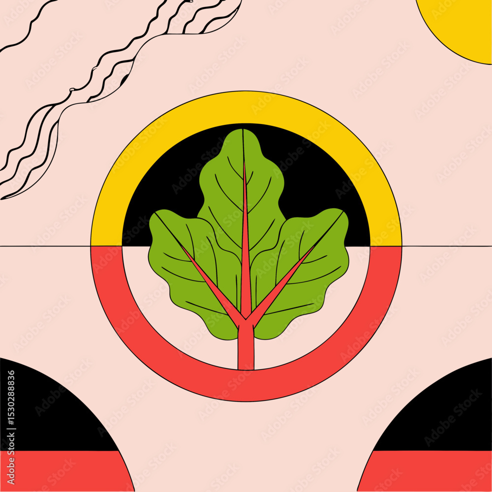 Poster abstract tree with circle and wavy lines on pink background