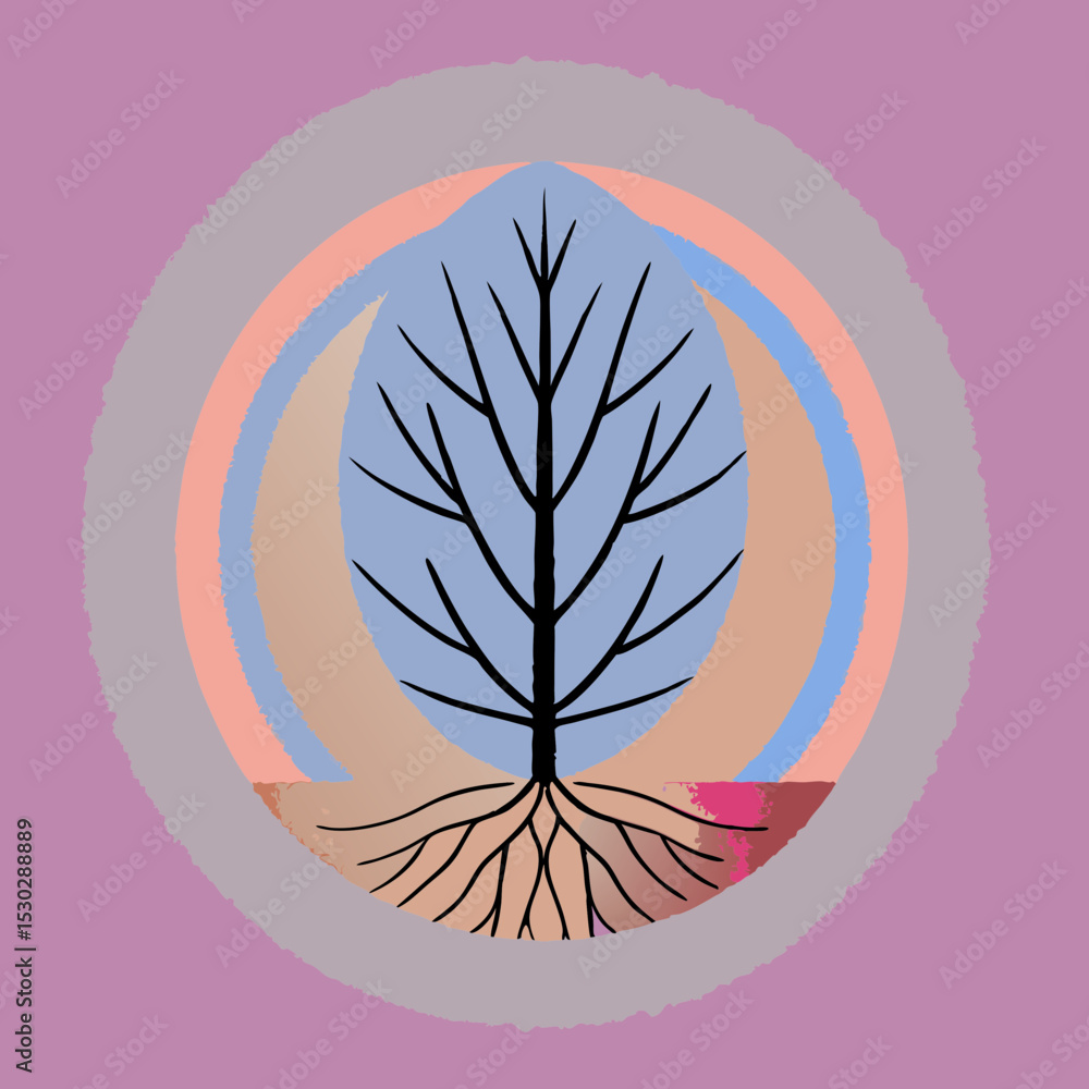 Poster abstract tree with roots and circular pastel background