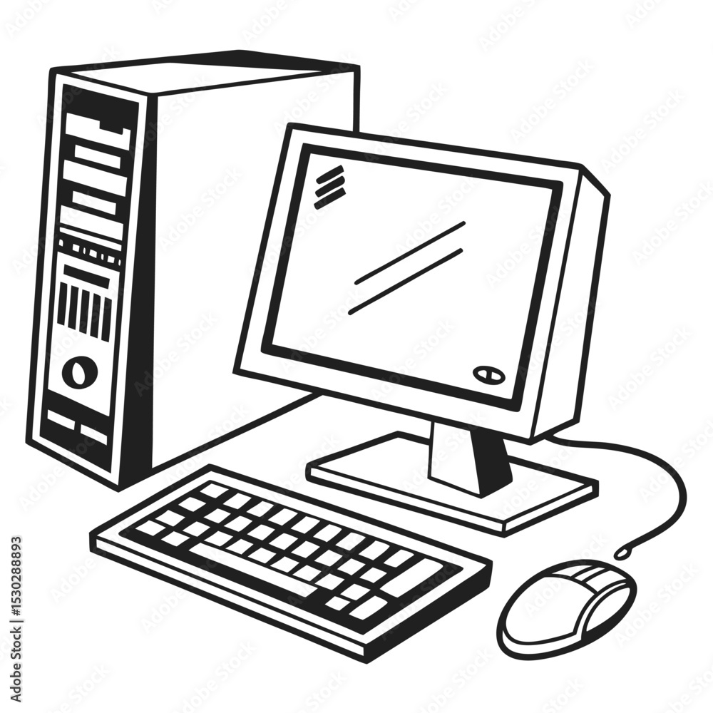 Poster stylized monochrome illustration of a desktop computer setup including tower and monitor