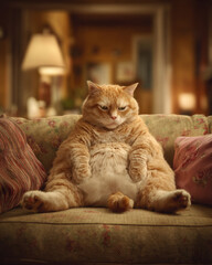 Photorealistic overweight orange cat sits upright on cozy sofa, surrounded by cushions in warmly lit room, exuding relaxed and content expression