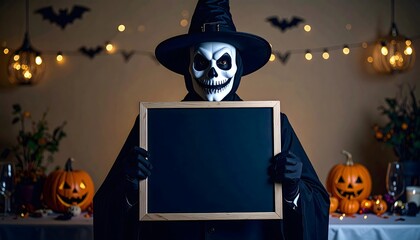 Faceless Cosplay Character with Halloween Menu Board at Party