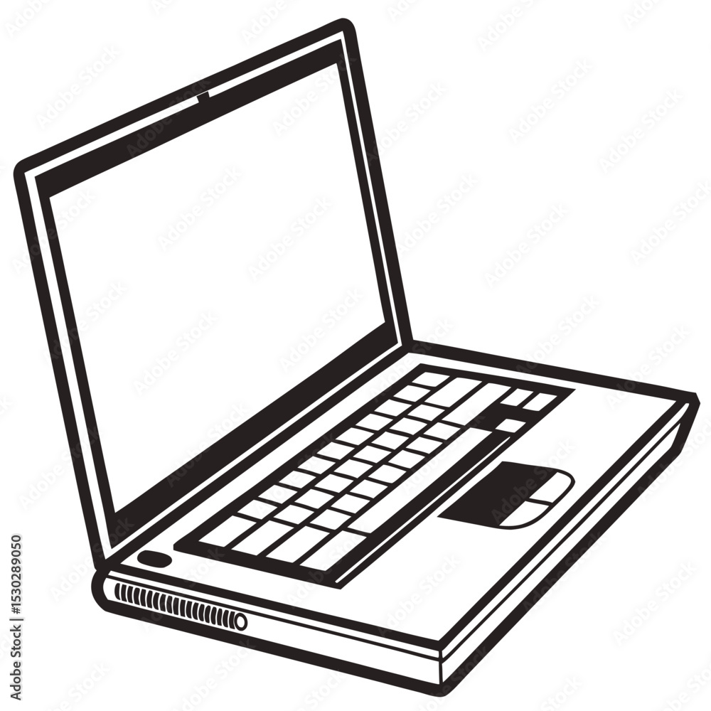 Poster a black and white illustration of an open laptop computer displaying keyboard